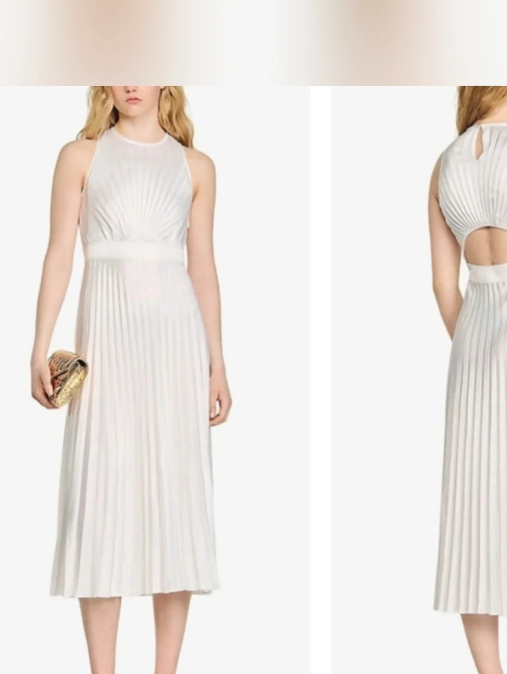 NWT Sandro Jolie Pleated Midi Dress White Sleeveless Cutout Back Size Small (36) - Picture 8 of 8